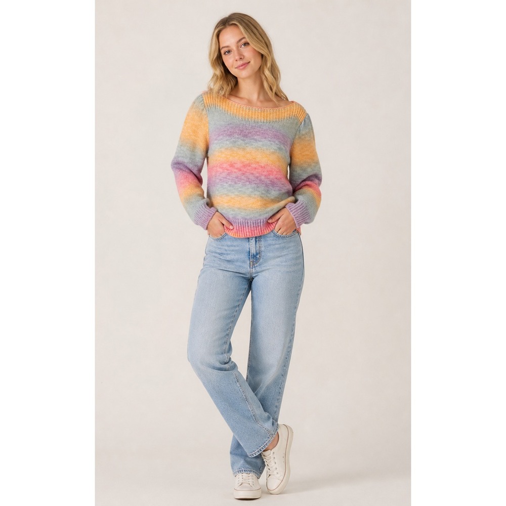 Design365 Boat Neck Sweater Womens XL Rainbow Knit Wool Blend Puff sleeve
